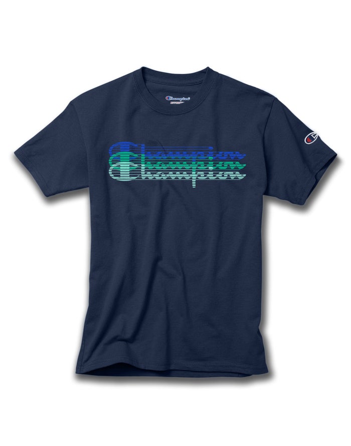 Champion Boys T-Shirt NZ - Cotton Triple Split Script Logo Navy ( 6918-RNPLA )